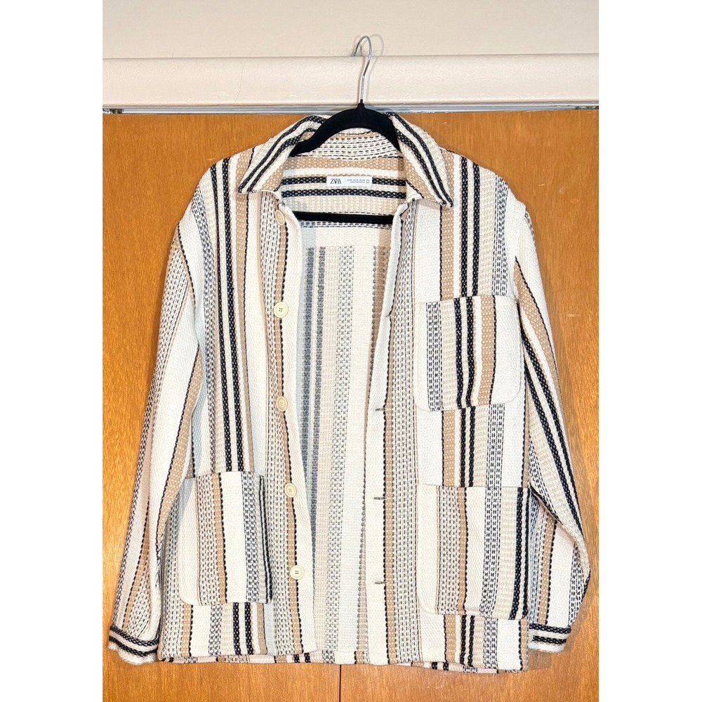 ZARA Mens Striped Button Up Shacket M Chore Style Versatile Made in Morocco‎ - Picture 2 of 12